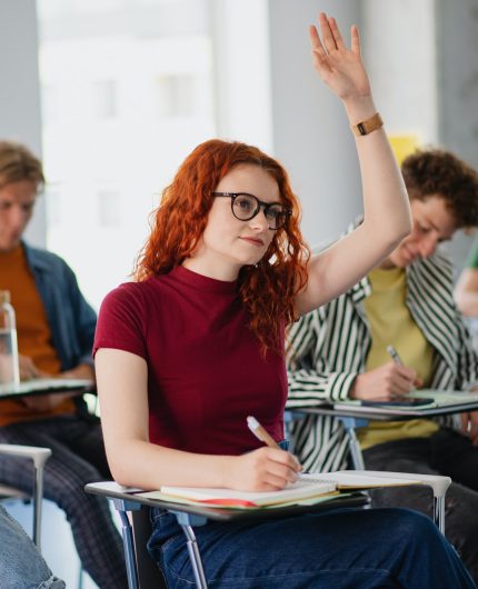 Portrait of group of university students sitting in classroom indoors, studying